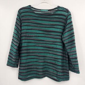 Cut Loose 3/4 Sleeve Textured Striped Boxy Top Womens Size Large Gray Green